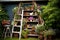 old ladder repurposed into a garden-themed bookshelf