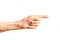 Old lady arm on a white background. Hand of elderly woman indicates direction