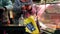 An old lady buys meat in a store. A pensioner stands at a glass display case