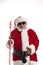 An old lady dressed as Father Christmas wearing sunglasses