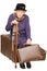 The old lady sits on a suitcase