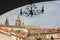 Old lamp candlestick in dark arch on background of Prague Castle view in Mala Strana