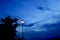 Old lamp lit, tree silouette, and blue sky at blue hour