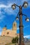 Old lamppost near the church in small spanish village Sitges