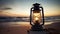An old lantern on the beach in sunset, in the style of photorealistic pastiche, Generative AI