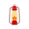 Old lantern color icon with flame. Camping equipment. Kerosene lamp.