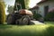 Old lawnmower on beautiful manicured garden lawns