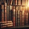 Old leather bound books on a shelf in a library.