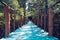 Old lengthy wooden footbridge with rails over river against