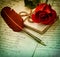 Old letters, rose flower and antique feather pen. Vintage style