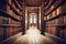 Old library with long corridor, old books on the shelf. Generative ai