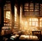 Old library with a lot of bookshelves, cabinet with many books digital illustration. Golden light from big window in