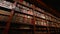 Old library or museum with vintage shelves full of classic literature books.