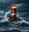The old lighthouse shines in a storm in the ocean at sunset