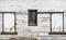 Old locked weathered window and two barn doors on country building, white peeling paint