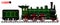 An old locomotive of green color with a steam engine and a tender. Side view. Traced details and mechanisms.
