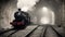 old locomotive A steam train that has been haunted and cursed in a dark tunnel. The train is a scary and evil