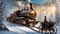 old locomotive steampunk train, in winter, at sunset, though the forest