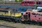 Old locomotives Nohab and a B Units diesel electric, rusting away in a side line.