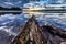 Old log jutting out into kioshkoki lake in algonquin state park, canada