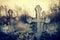 Old lop-sided sepulchral crosses on the thrown graves at the cemetery