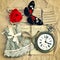 Old love mails, vintage pocket watch, red rose flower and butter