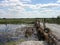 An old low wooden bridge made of logs on a small river on a Sunny summer day