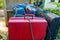 Old luggage cart filled with suitcases that are secured, nostalgic baggage transportation