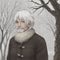 An old lumberjack man white hair , brown eyes,rests under the big tree in winter made with AI Technology