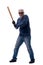 Old male burglar holding baseball bat isolated on white
