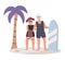 Old male and female traveling in tropical island with palm tree do surfing vector illustration white background. Water