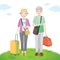 Old Male And Female Traveller Standing With Luggages Together On Lawn