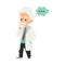 Old male scientist stands with thinking gesture and thought bubble cartoon style