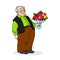 Old man with a bouquet of flowers. Smiling elderly man with glasses. Colorful cartoon vector illustration on white background