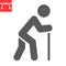 Old man with cane glyph icon, disability and pensioner, old man with walking stick sign vector graphics, editable stroke solid