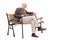 Old man with cane sleeping on a wooden bench