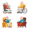 Old Man Characters Sit Sleep Web Surfing Read Armchair Wheelchair Adult Icons Set Cartoon Design Vector Illustration