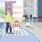 Old man crossing street flat vector illustration. Crosswalk, traffic lights signal. Senior people assistance concept