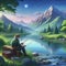 Old Man Fishing, Fanciful Landscape, Generative AI