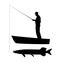 Old man is fishing pike on boat. Vector silhouette illustration.