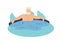 Old man in geyser flat vector illustration. Grandfather lying in water. Elderly tourist cartoon character. Wellness