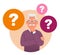 An old man with glasses, surrounded by question bubbles. An elderly man has a question. Portrait of a thoughtful gray-haired