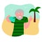 Old man makes selfie on vacation, v sign with fingers, tropical background, vector
