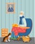 Old man and pets. Grandfather with different puppies and cat. Dog and cat owner. Dog and cat owner. Vector illustration