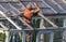 The old man repairs the greenhouse in the garden