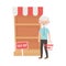Old man shopping with basket shelf and sold out banner vector design