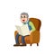 Old man sits in a brown chair and reads newspaper. Lifestyle of senior.