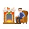 Old man sits in chair by fireplace. Room furniture and grandfather