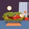 Old man sleeping on sofa with book. Elderly relaxing home or grandfather resting vector illustration