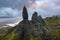 The Old Man of Storr drone view on Scotlandâ€™s Isle of Skye, Scotland